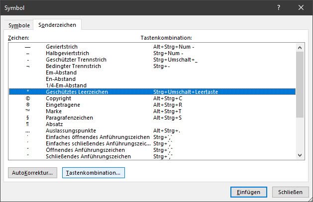 Geschütztes Leerzeichen im Word Symboldialog