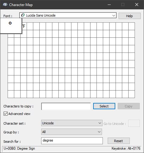 Insert the degree symbol using Windows Character Map