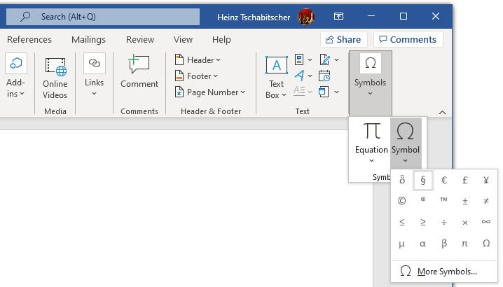 Insert the section sign using the Word ribbon