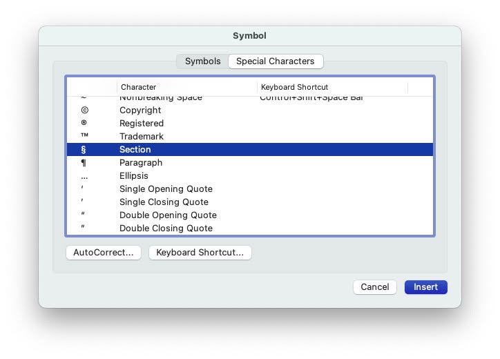 Insert the section symbol in Word for Mac the Special Characters dialog