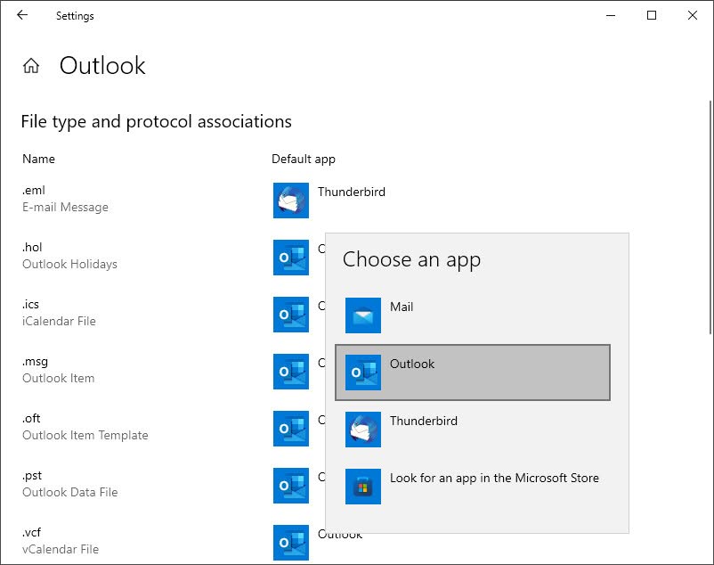 Choose for which protocols and file types you want to make Outlook the default