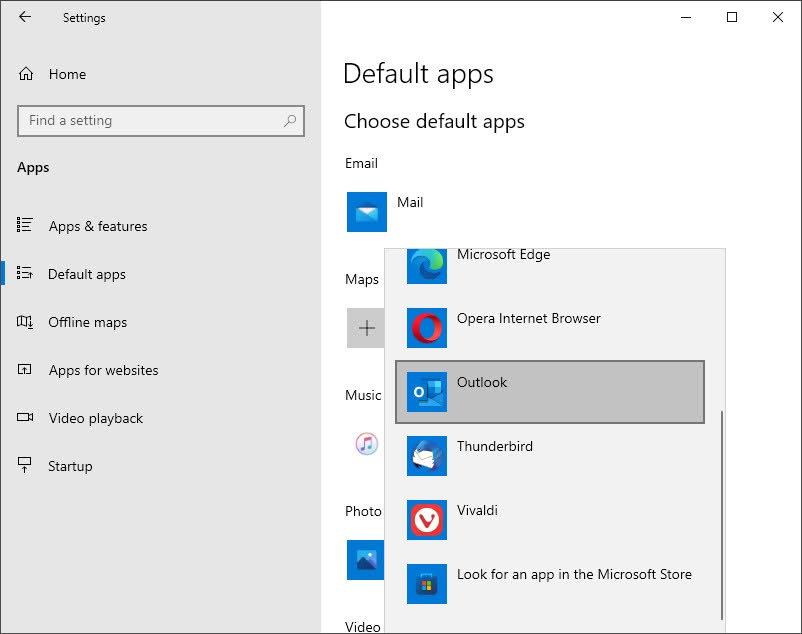 Set the default mail client to Outlook in Windows Settings