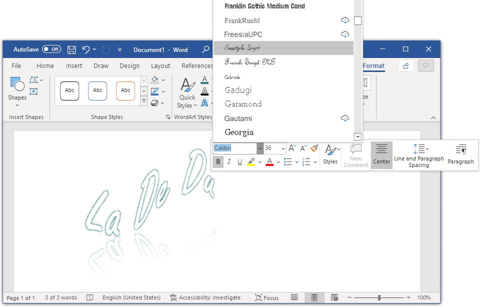 Change the typeface formatting for curved text in Word