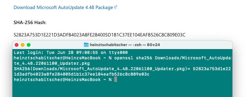 Check the Microsoft AutoUpdate for Mac sha256 checksum before installing