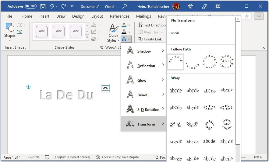 Choose “Transform | Follow Path” to curve text in Word