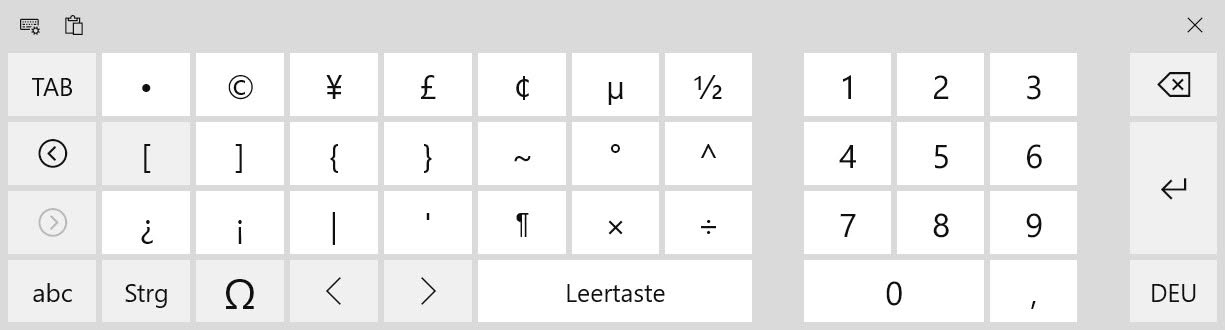Eckige Klammern mit der Windows Touchscreen-Tastatur tippen