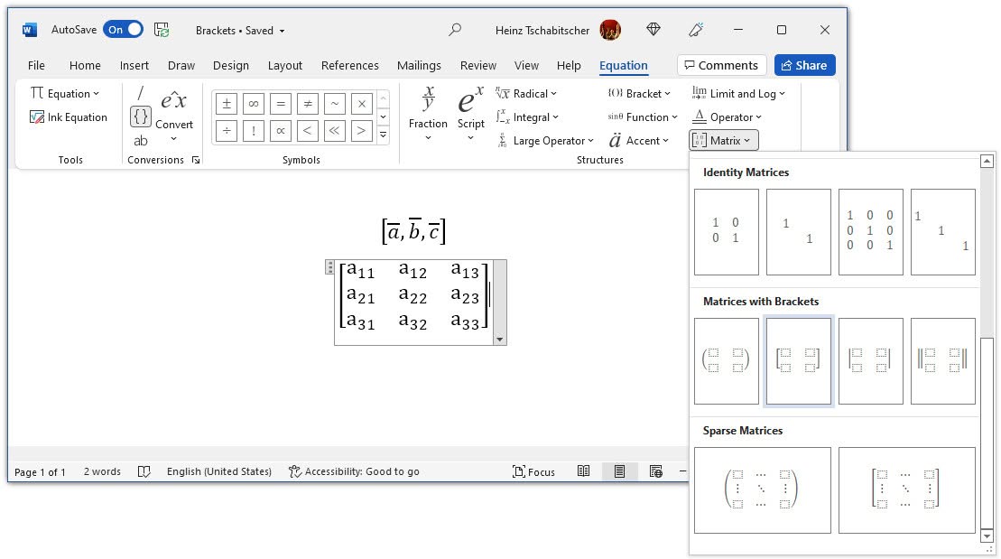 How to insert square brackets for a matrix in Microsoft Word