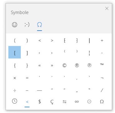 Mit dem Windows Emoji-Menü eckige Klammern eingeben