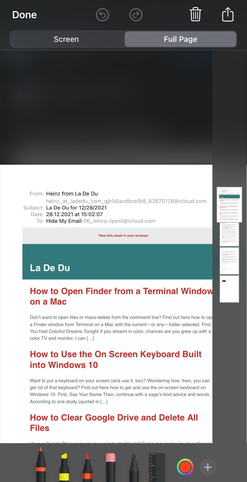 Select “Full Page” in the iPhone screenshot editor to save an email as a PDF file
