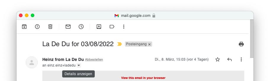 Klicken Sie „Details anzeigen“, um in Gmail die wichtigsten Email Header zu sehen