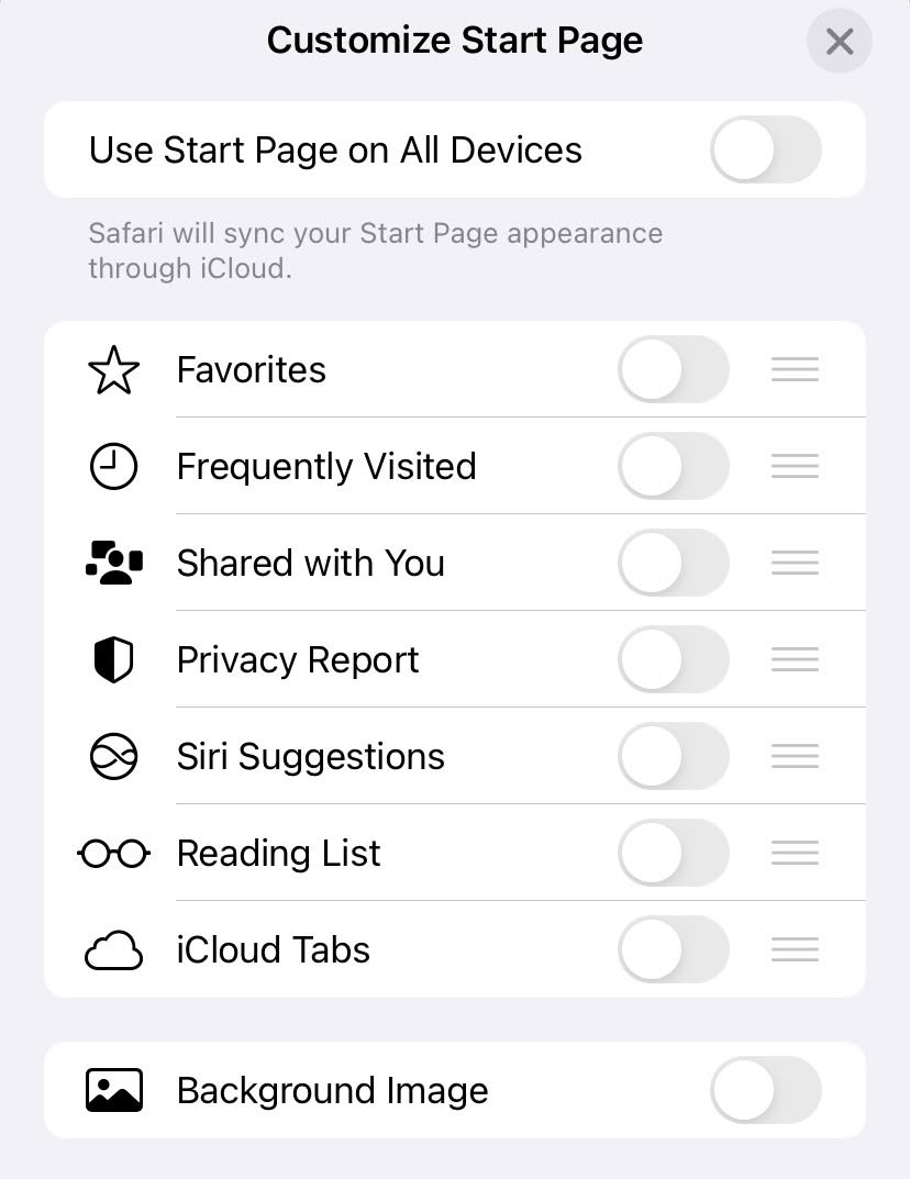 A blank start page for Safari on iPhone