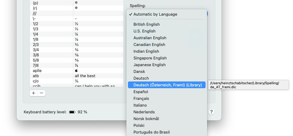 A custom hunspell spell checking dictionary added to a Mac