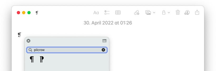 Mit dem Mac Emoji-Panel lassen sich die Zeichen fürs Markieren eines Absatzes einfügen