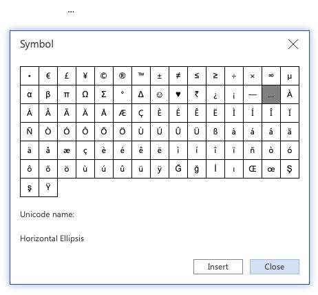 Insert an ellipsis using Word on the Web