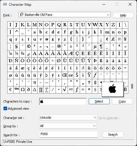 Copy the Apple logo for inserting in text with Windows Character Map and Baskerville Old Face
