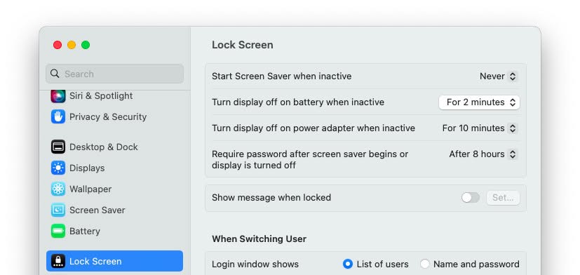Change the screen timeout in macOS System Settings on a Mac