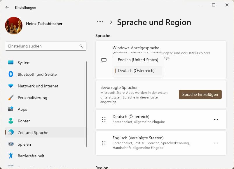 Hier können Sie In Windows die Anzeigesprache wählen