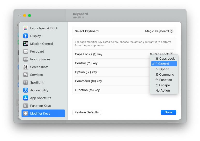 Change the key used for Control (Ctrl) on a Mac keyboard in Settings