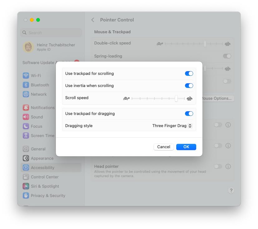 Enable three finger dragging on a Mac