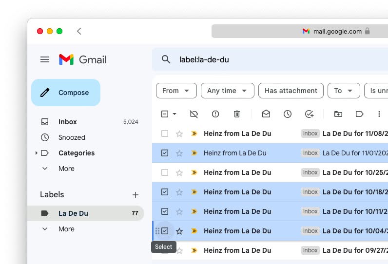 You can select multiple emails in Gmail with the mouse and keyboard shortcuts