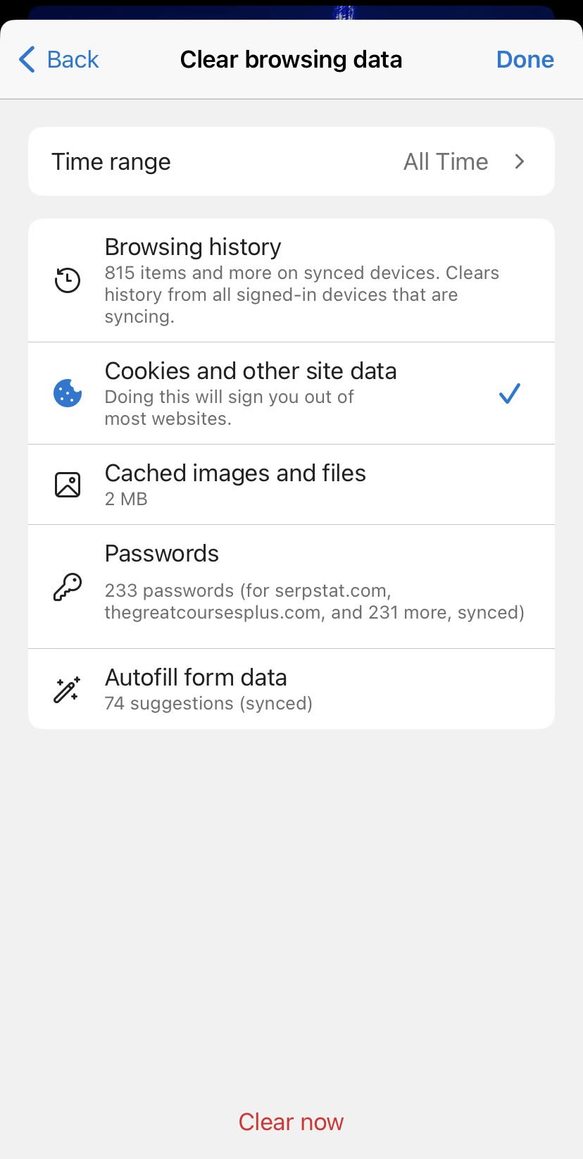 Clearning cookies in Microsoft Edge browser on iPhone