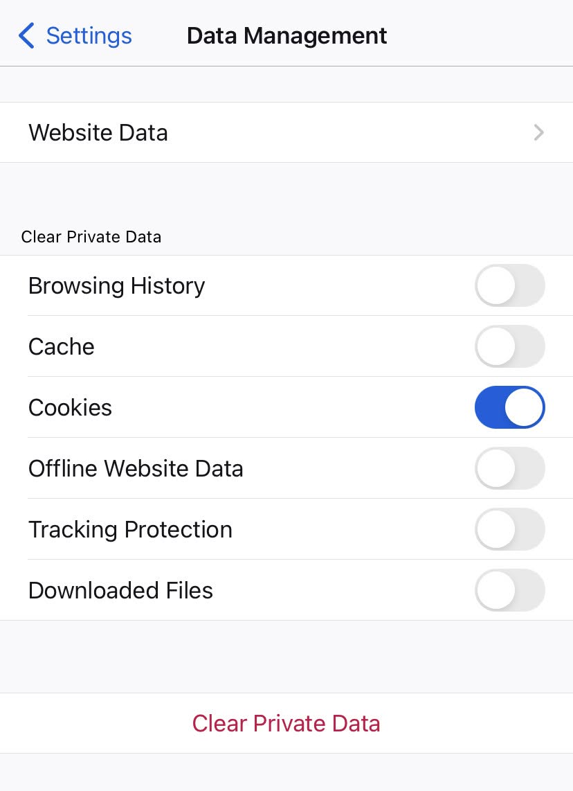 Erasing cookies in Firefox on iPhone