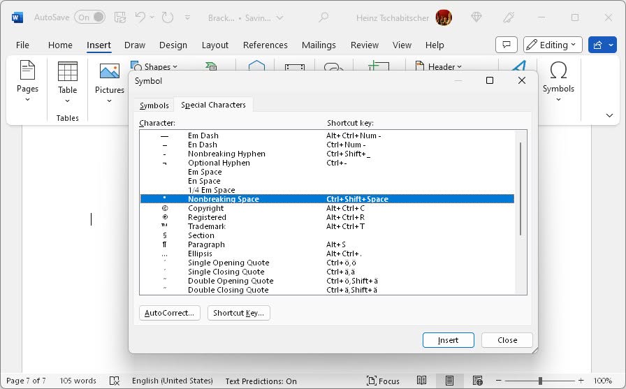Insert a non-breaking space using the Word for Windows “Symbol” Dialog