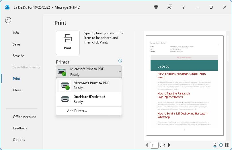 Save an Email to PDF from Outlook for Windows using Microsoft Print to PDF