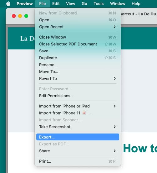 Select “File | Export…” to convert an image in Mac Preview