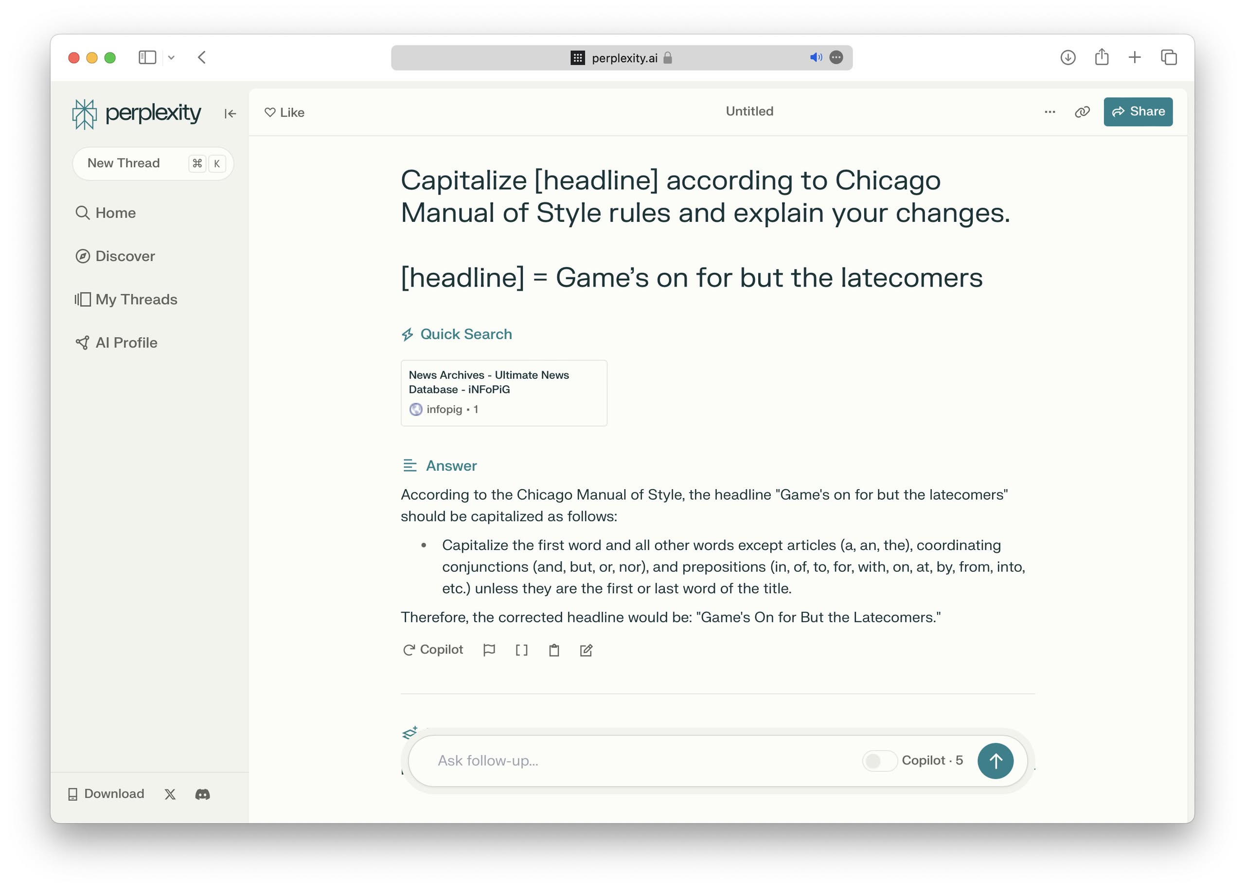 Perplexity.ai for headline capitalization