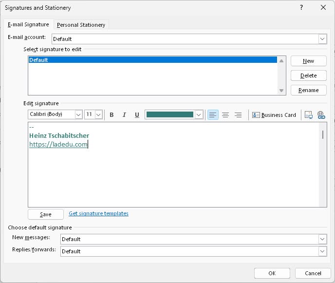 Add a new default signature for an email account in Outlook for Windows