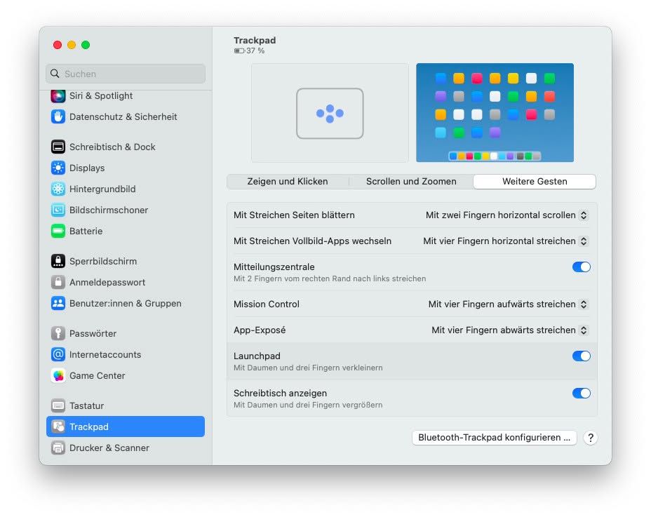 Die Trackpad-Geste zum Öffnen von Launchpad lässt sich hier einschalten