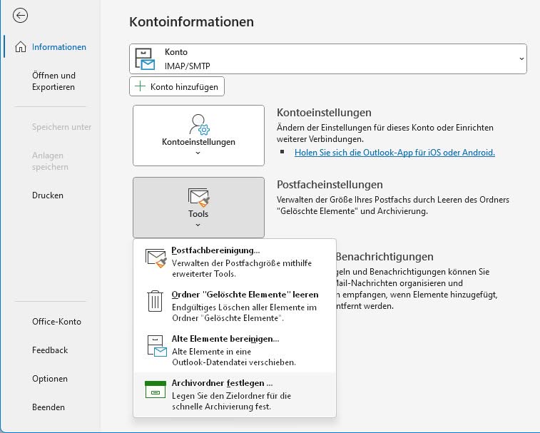 In Outlook für Windows den Ordner fürs Archiv festlegen (IMAP und POP)