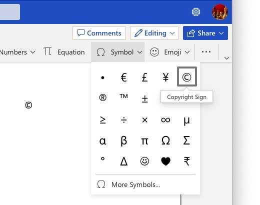 Insert the copyright sign in Word on the Web