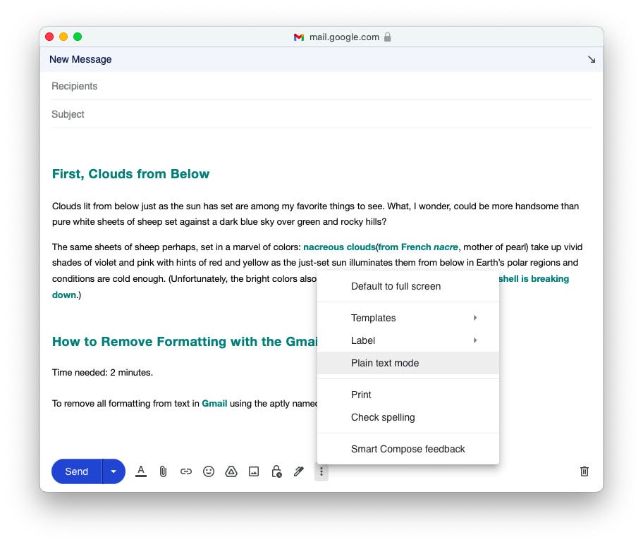 Remove all formatting with Gmail plain text mode