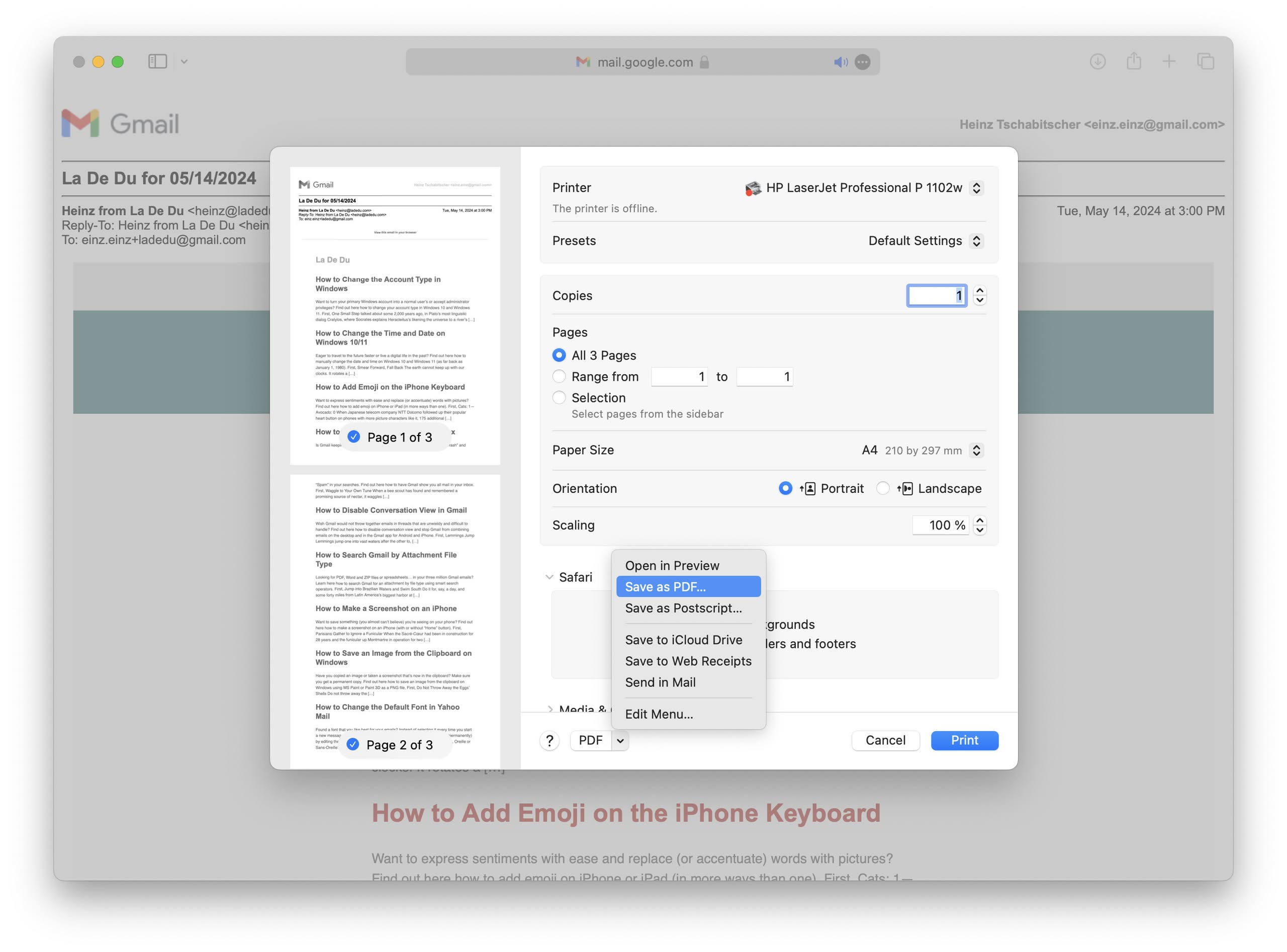 Saving a Gmail email as a PDF file in Gmail on a Mac