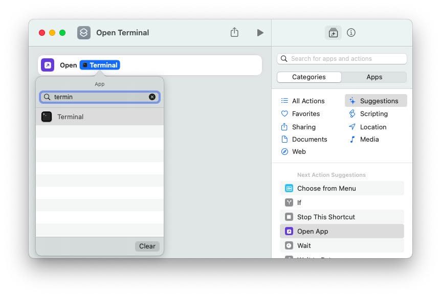 Set up a new Mac Automator action for opening Terminal