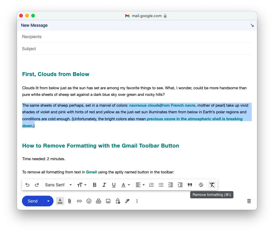 This is where you can find the “Remove formatting” button on the Gmail editing toolbar