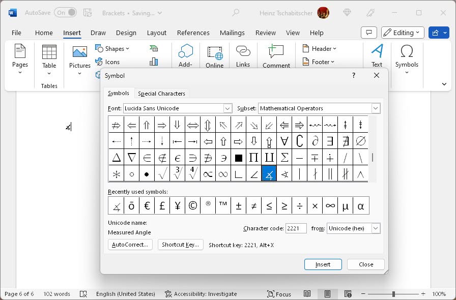 Use the “Symbol” dialog to insert the angle symbol in Word on Windows