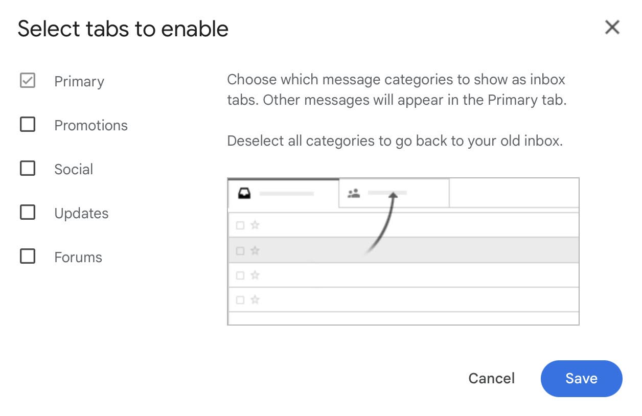 Disable Gmail inbox tabs to see all messages in one place