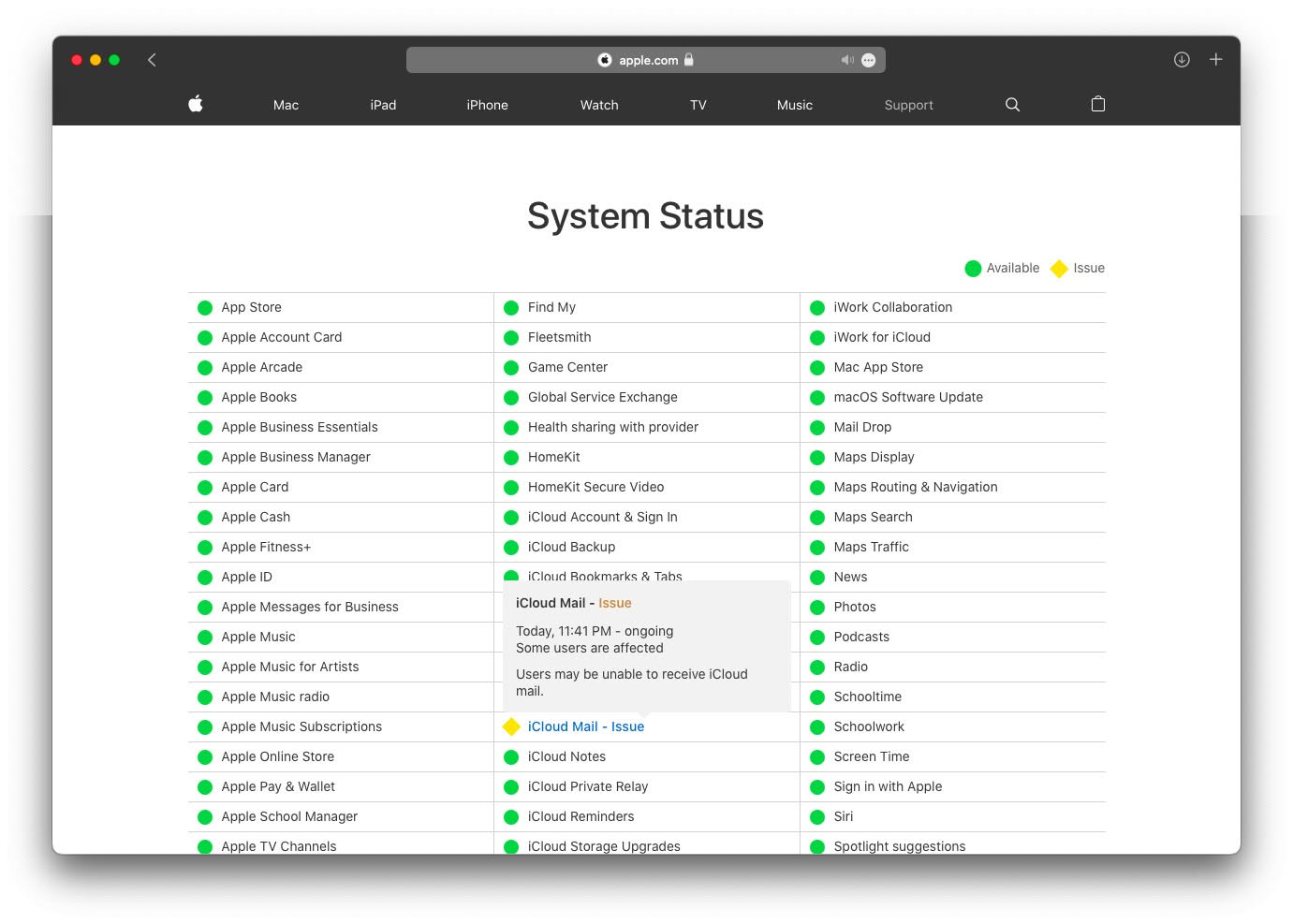 Look for yellow diamonds on Apple’s System Status page to check for iCloud Mail issues