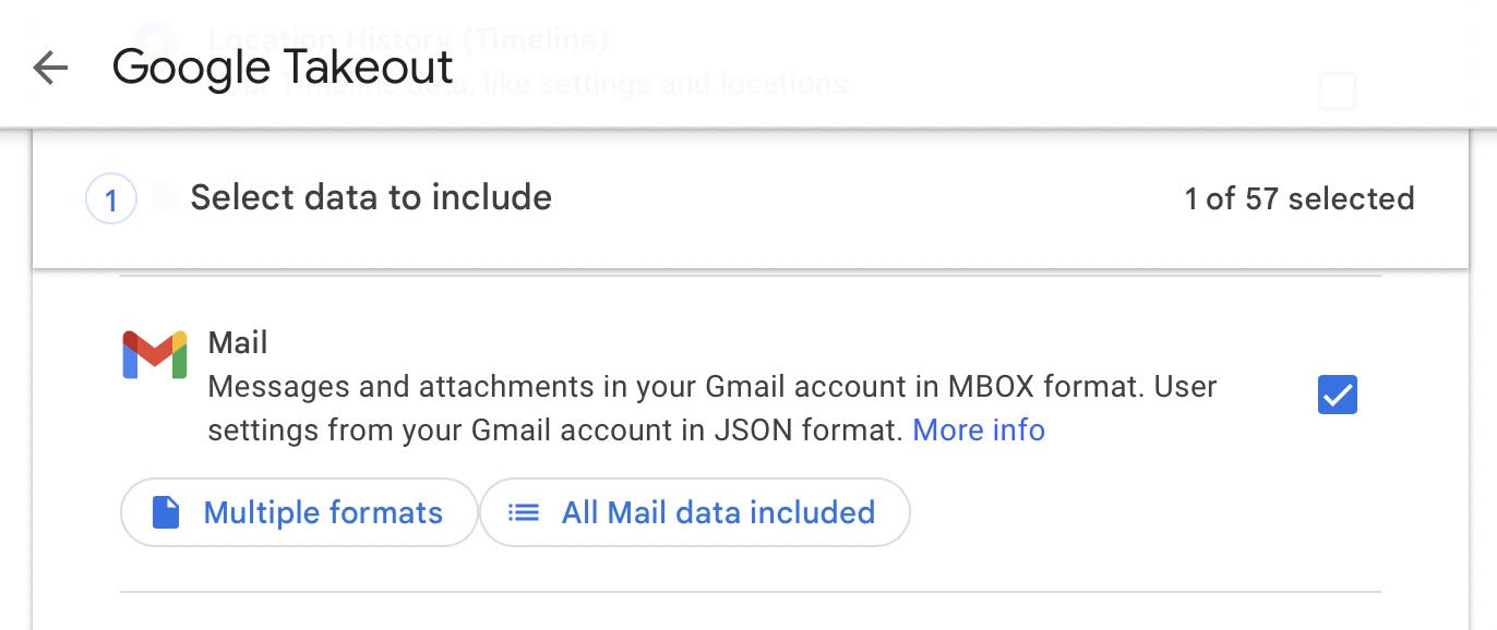 Select “Mail” in Google Takeout to export and download all Gmail emails