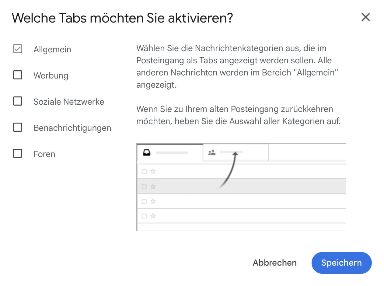 Sie können Tabs in Gmail deaktivieren, um alle Mails im Posteingang anzuzeigen