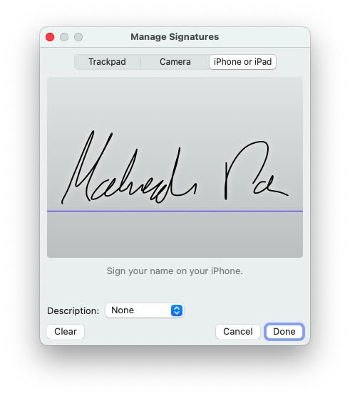 Adding a signature from an iPhone to Preview on macOS