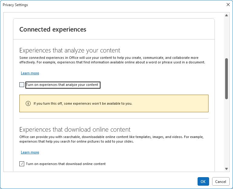 Disable server-side text analysis in Outlook for Windows