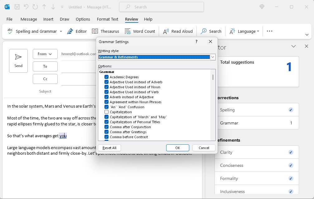 Microsoft Editor Options in Outlook for Windows