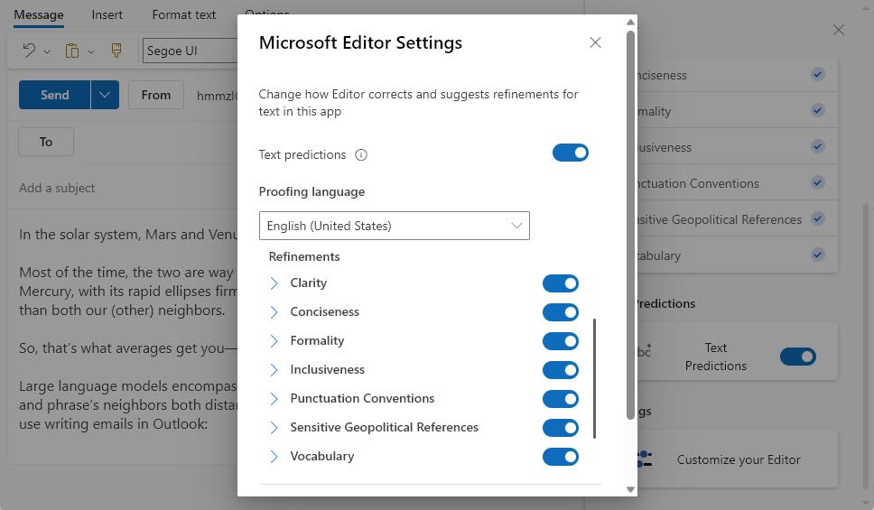 Microsoft Editor Settings in Outlook on the Web