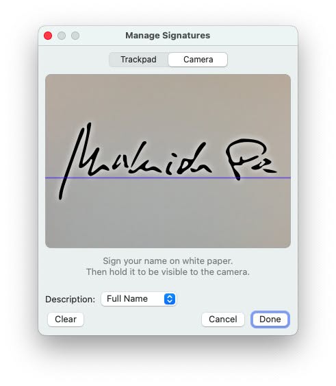 Setting up a signature from a handwritten signature in Preview on a Mac