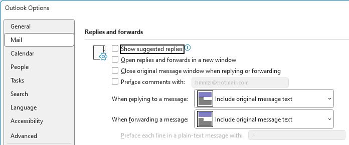 Turning off “Suggested Replies” in Outlook for Windows options