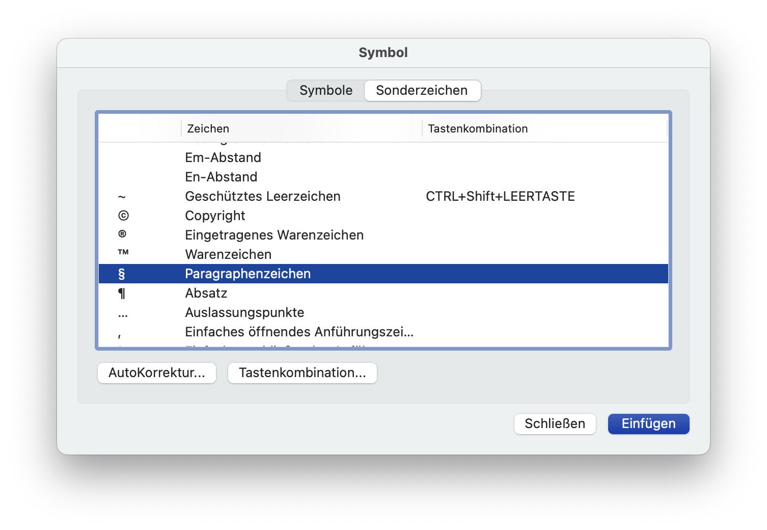 Das Paragraphenzeichen als „Sonderzeichen“ in Word für Mac